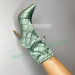 Mint Green Plaid Booties Women Stylish Pointy Toe High Heels Warm Cotton Shoes Ladies Streetwear Lace-up Party Work Snow Boots