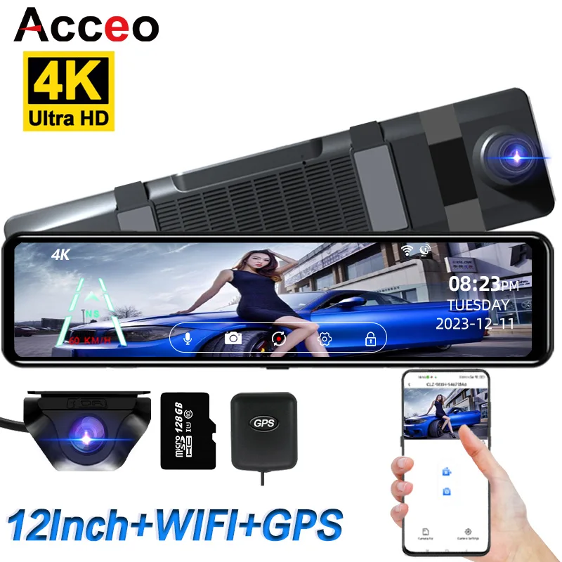 Dash Cam 4K 12Inch Touch Screen WIFI GPS Room Media Mirror Video Recorder Car Dvr Black box Vehicle Rear View Camera 24h parking