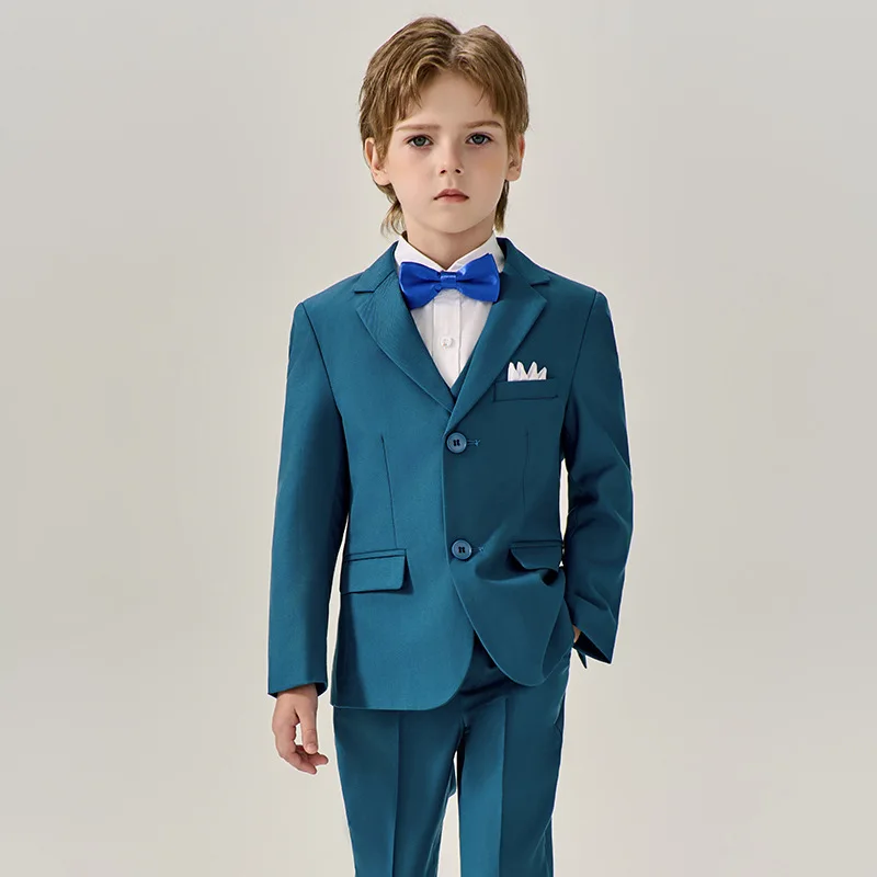 Children Dark Green Jakcet Vest Pants Bowtie Evening Party Dress Boys Wedding Photograph Suit Kids Ceremony Performance Costume