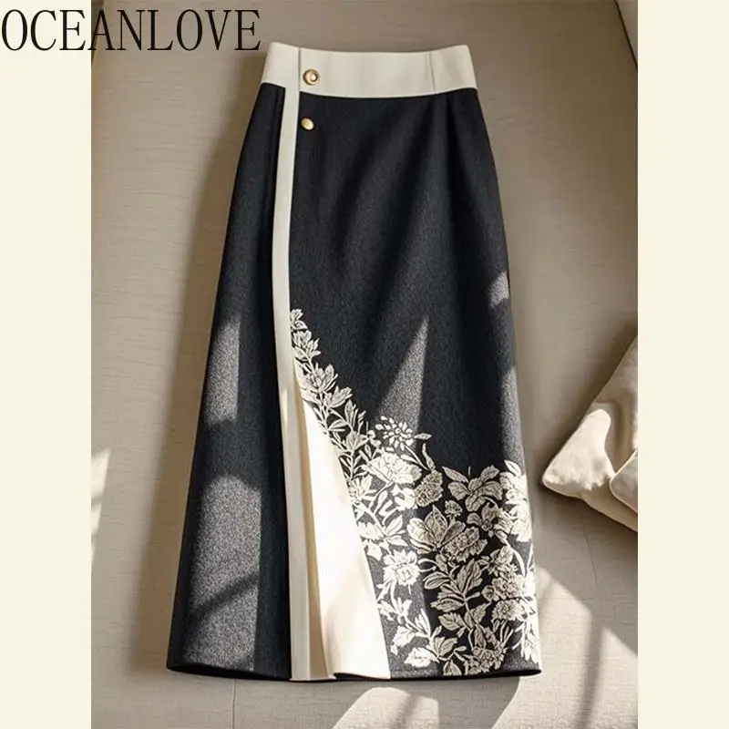 OCEANLOVE Black Print Women Skirts Chinese Style Vintage Elegant Faldas Mujer Fashion Autumn Winter Simple Long Skirt