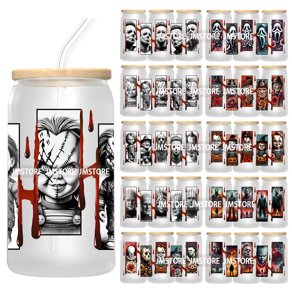 

Halloween Gift UV DTF Sticker For 16OZ Libbey Glass Cup Can Wrap Transfer Stickers Custom Labels DIY Logo Horror Movie Killers