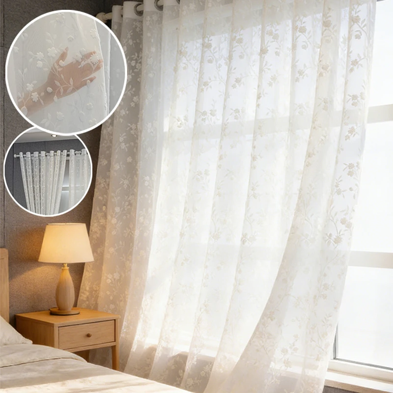 Lace Sheer Voile Curtains Embossed Floral Patterned Curtain Is Suitable for Bedroom Living Rooms Featuring Easy Rod Installation