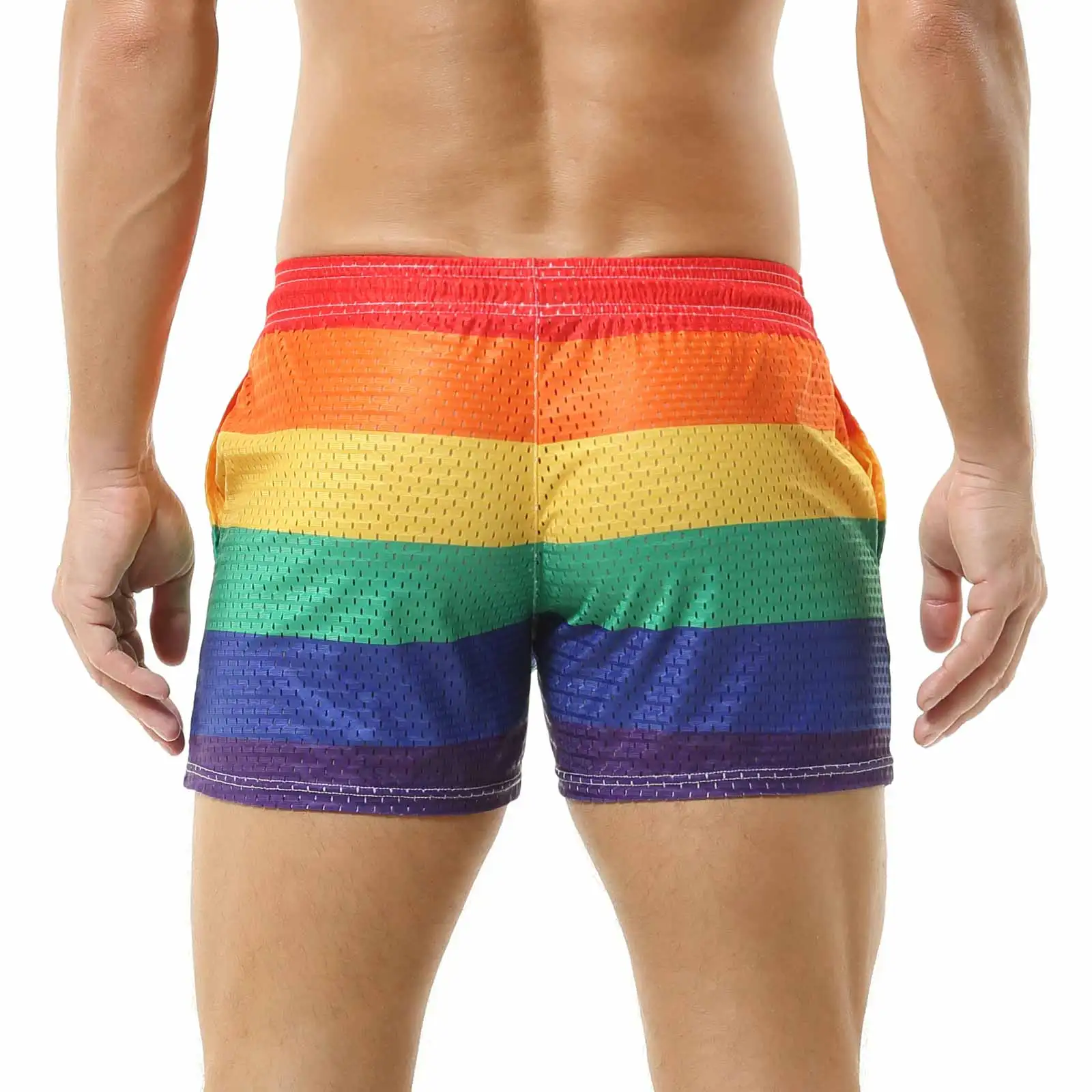 CLEVER-MENMODE Men\'s Rainbow Casual Shorts Pocket Loose Thin Home Shorts Beach Boxers Tether Mesh Breathable Panties