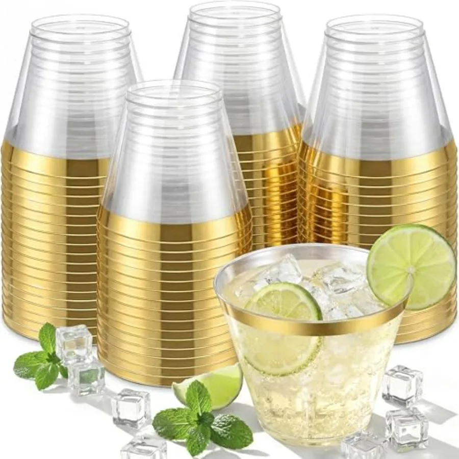 

240PCS Gold Plastic Cups - 9Oz Gold Rimmed Plastic Cups - Heavy Duty Disposable Clear Cup with Gold Rim Perfect for Weddings, R