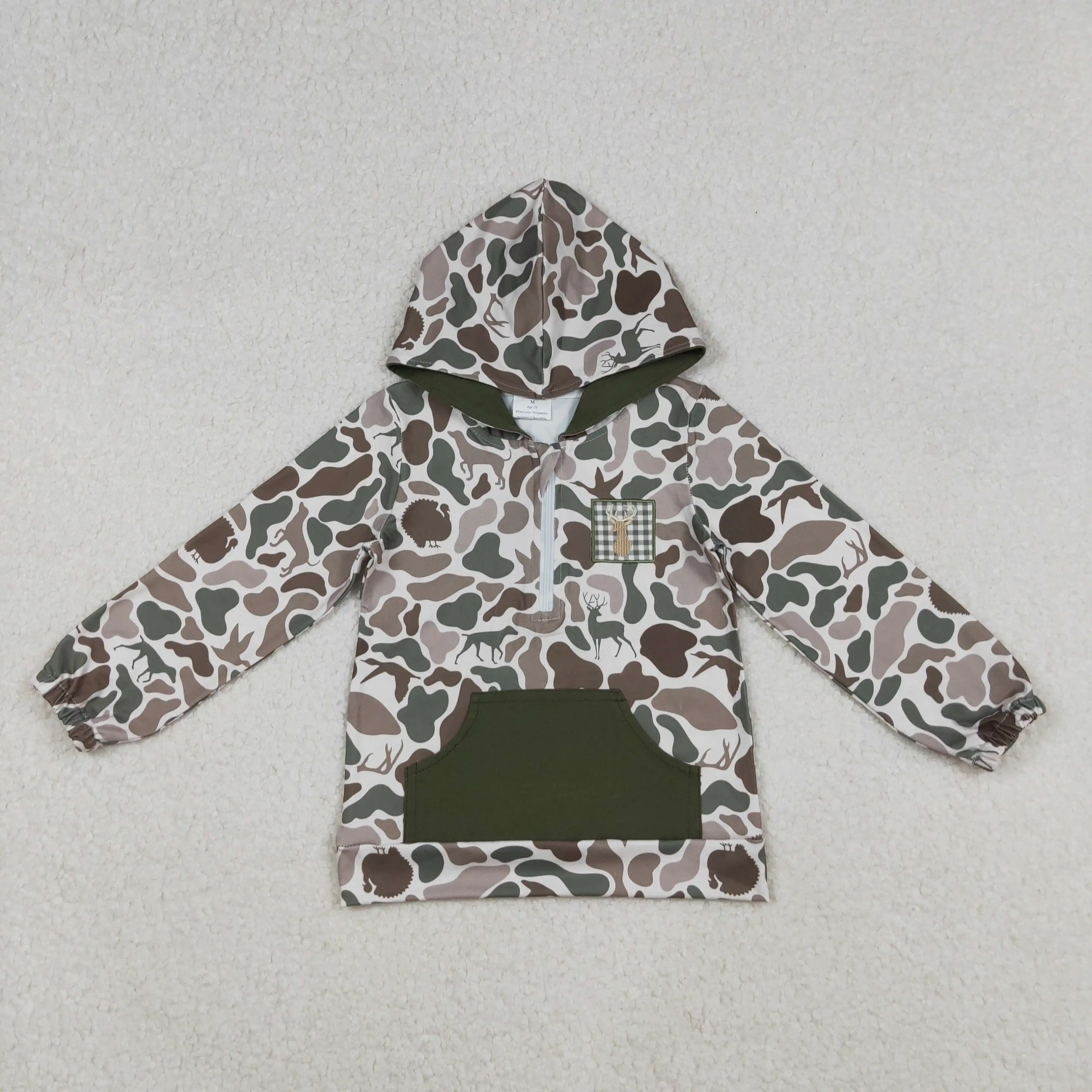 

X10.10 Wholesale boutique girls tops embroidered elk camouflage green pocket zipper hooded long sleeve top
