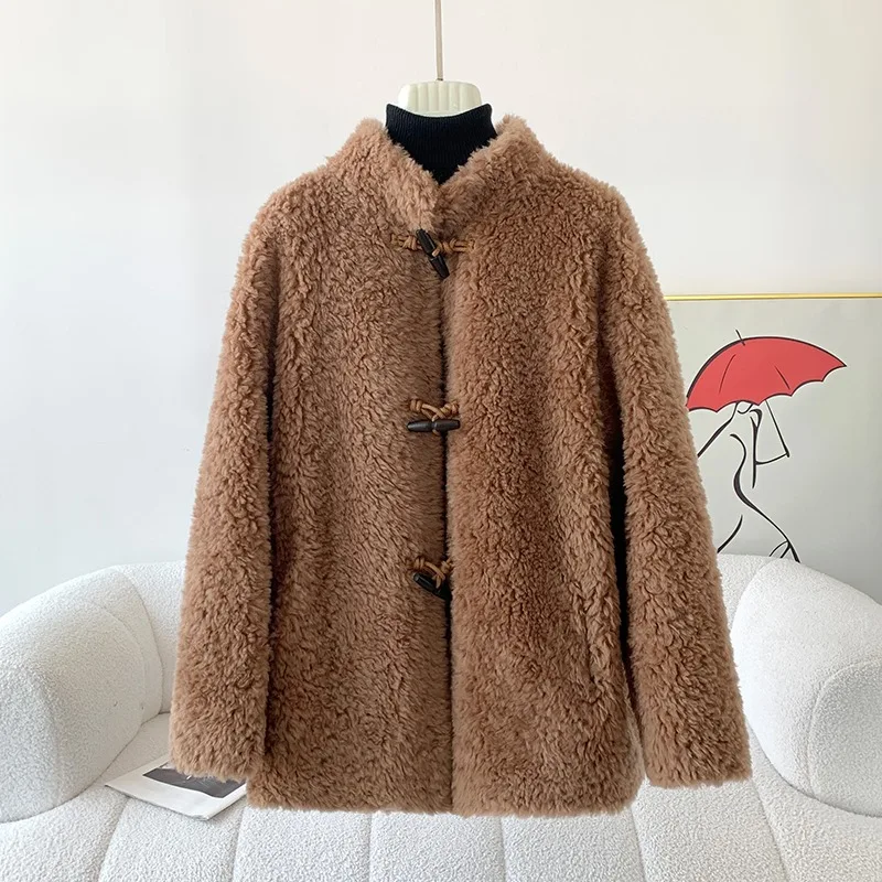 2024 Fall and Winter Stand Lapel Lamb Wool Horn Button Women Jacket Female Sheep Shearling Warm Casual Coat JT467