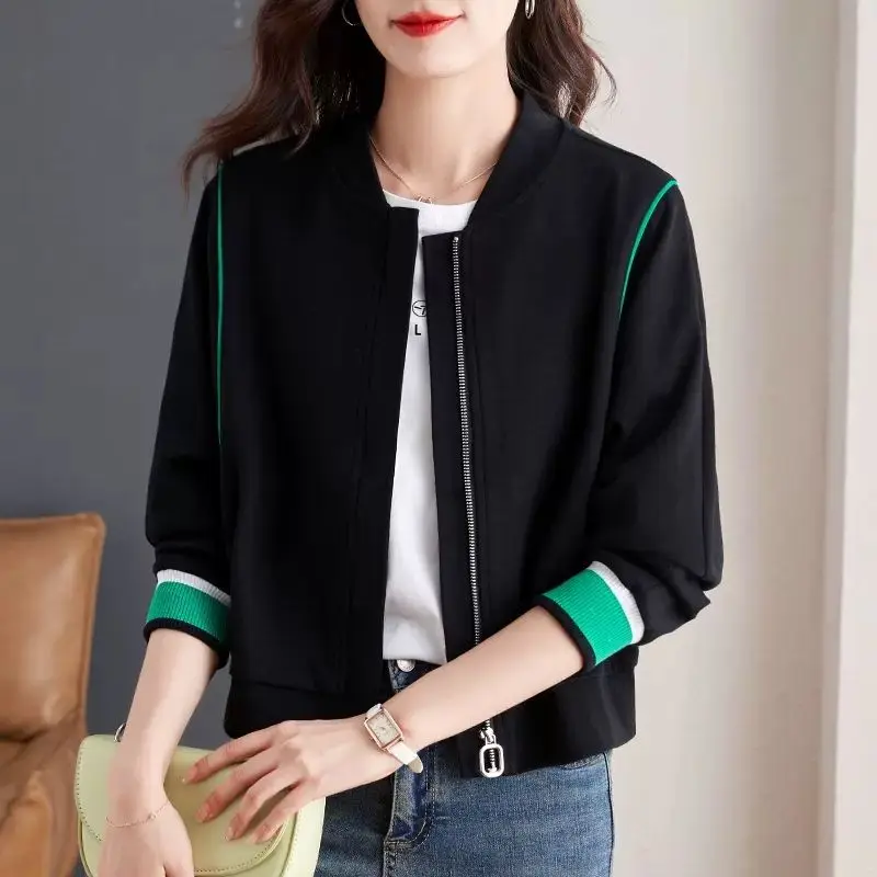 

Stand Up Collar Sportswear For Women In Spring And Autumn, 2025 Korean Fashion Patchwork Top, Black Cardigan Jacket