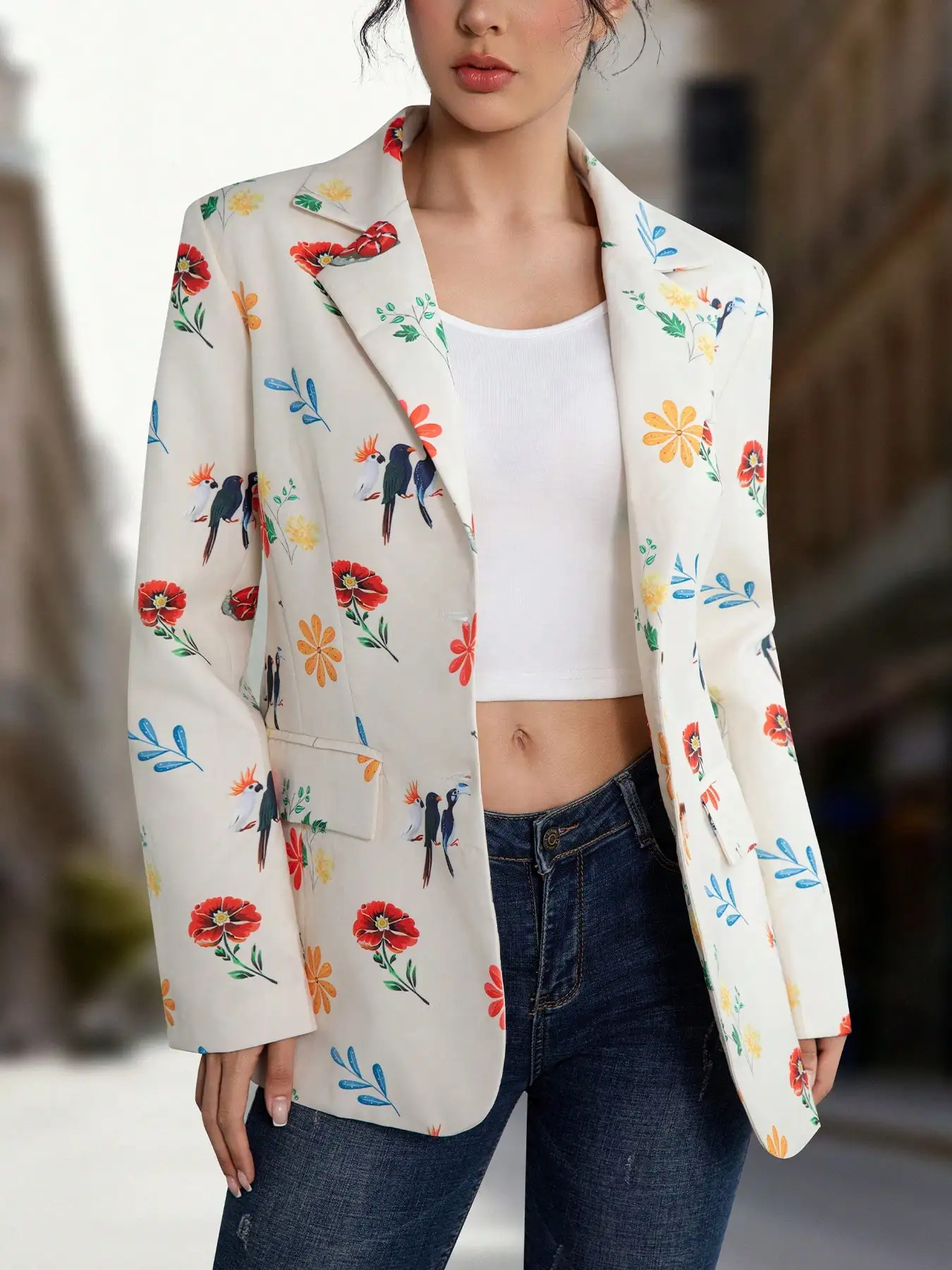 New French-Style Personality and Elegance Floral and Bird Print Single-Breasted Commuter Casual Long-Sleeve Women's Blazer