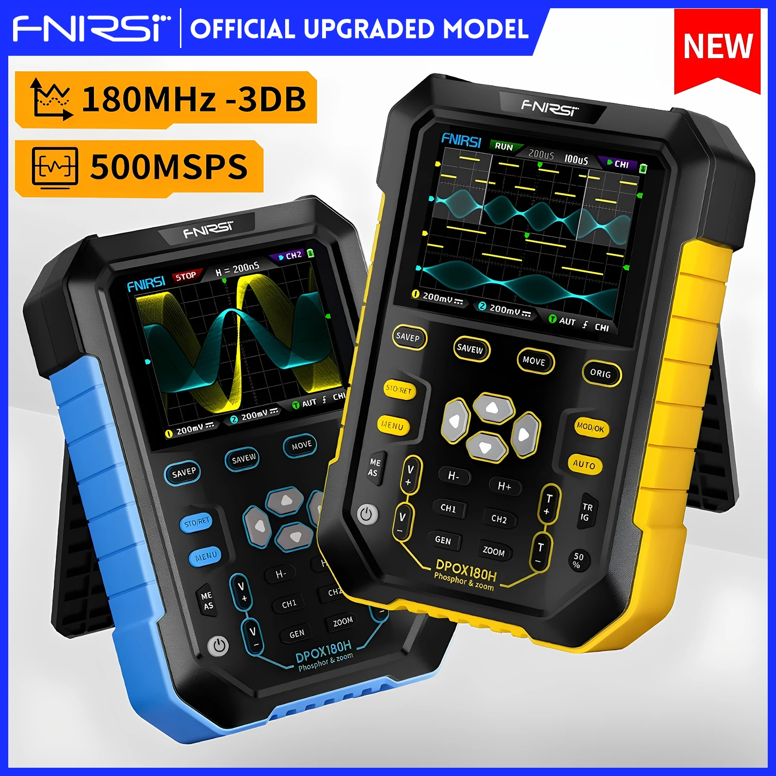 FNIRSI DPOX180H Handheld Dual Channel Digital Oscilloscope 180MHz-3DB 2 In 1 Function Signal Generator Fluorescence Display ZOOM