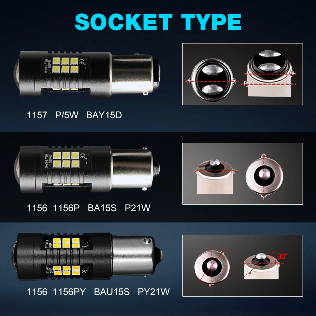 Bombilla led para coche, luces led 1156 P21/5W R5W 3030SMD BA15S P21W LED BAU15S PY21W BAY15D, 12V-24V, 2 uds.