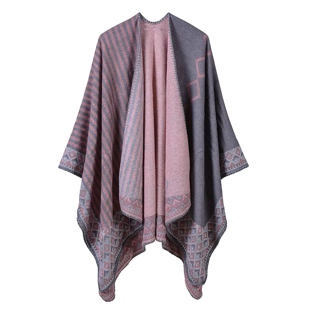 

2024 Women's Autumn Winter Stripe Office Air Conditioning Room Korean Warm Shawl Thickened Warm Shawl Cape Ponchos Lady Coat P3