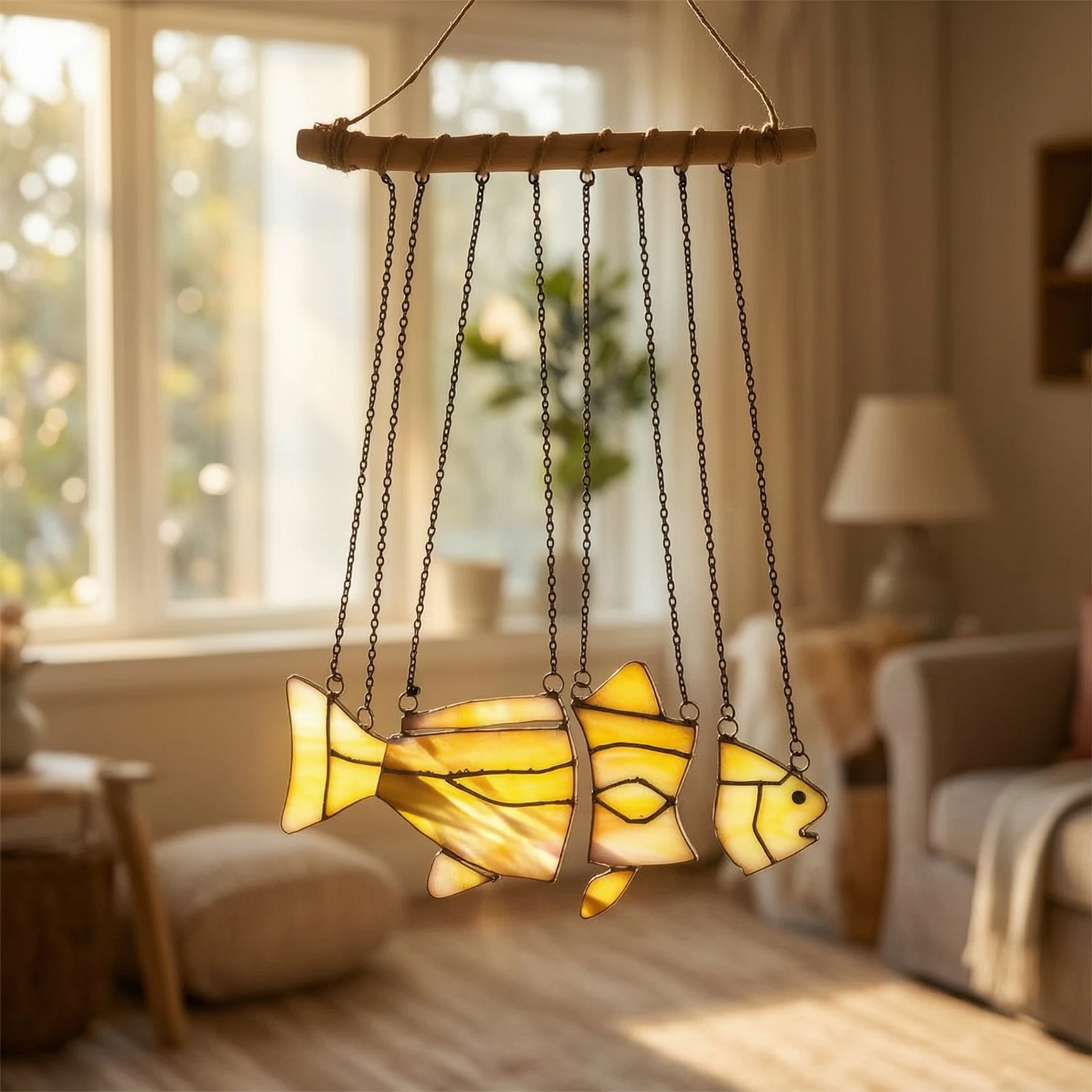 Fish Wind Chime Artisan-Made Stained Glass Wind Chime Hanging Ornament Ready to Hang Whimsical for Garden, Patio