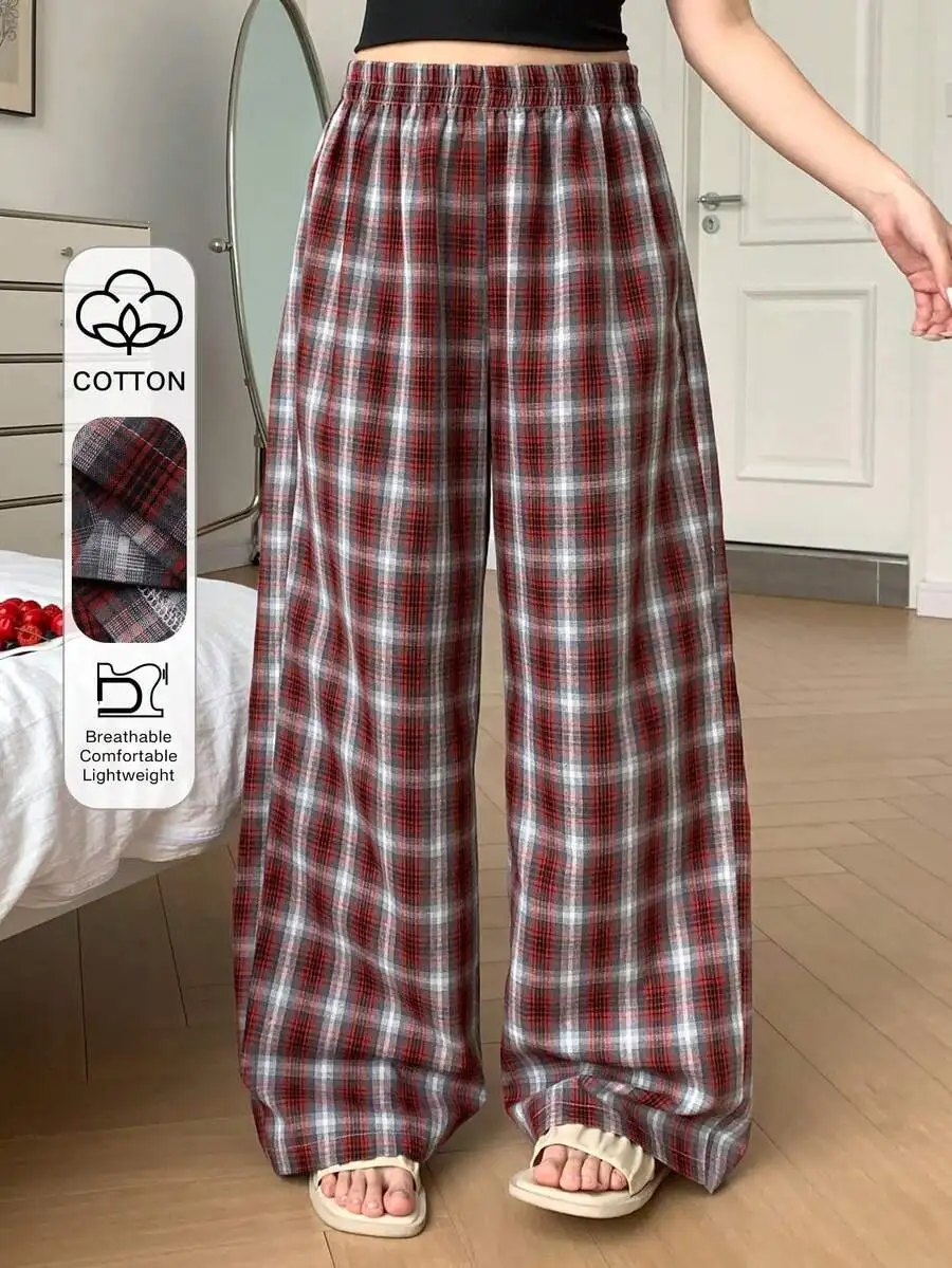 Plaid Loose Straight Leg Long Pajama Pants Women Spring Homewear Bottom