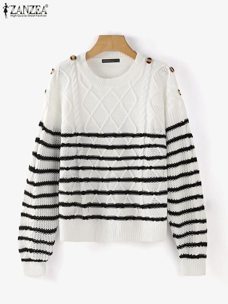 ZANZEA 2025 FW Maglioni lavorati a maglia allentati casual per le donne Manica lunga a forma di diamante Texture Strisce nere Pullover Abbigliamento donna