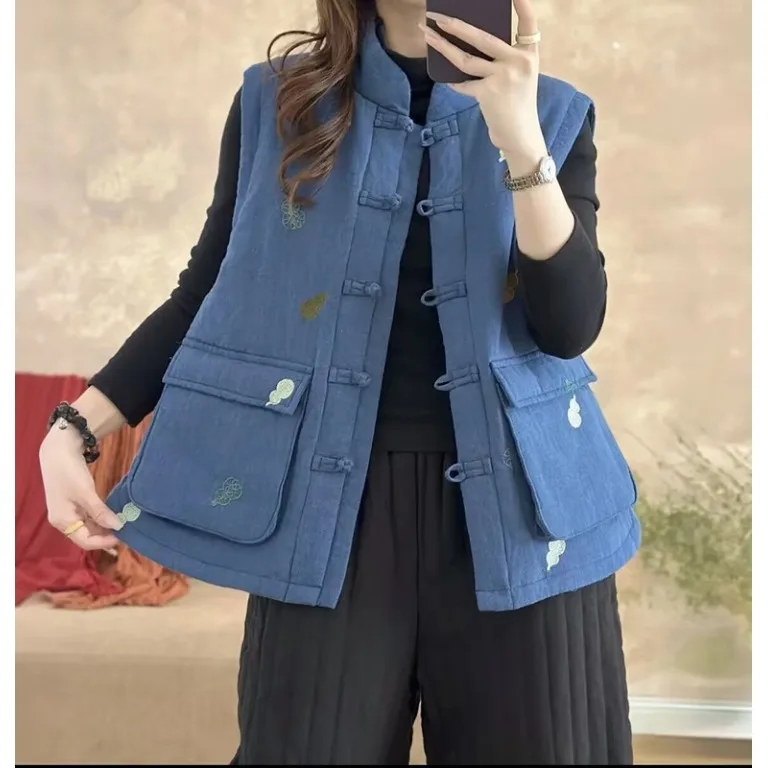 

Retro Artistic Chinese Style Loose Fit Embroidered Cotton Linen Jacket Stand Collar Gourd Patterned Vest Women's Sleeveless Top