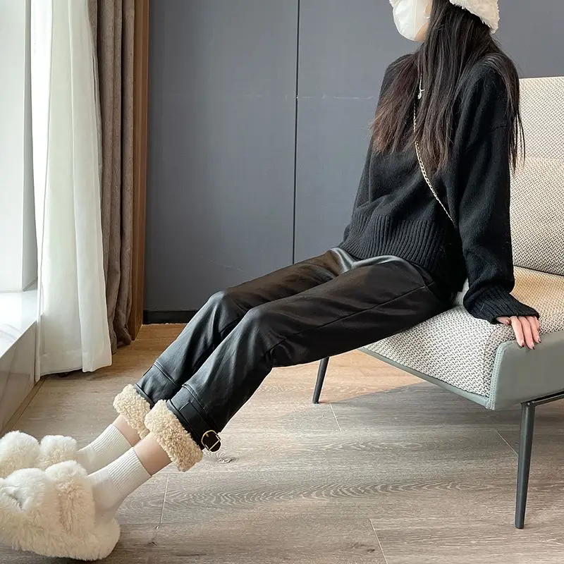 2023 Winter New Women Splicing Thickened Straight High Waisted Slimming Lamb Hair Leather Pants Korean Fashion