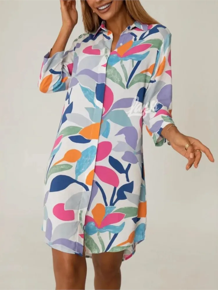 

Fashion Flower Print Dress Woman's Spring Autumn Flip Collar Three-quarter Sleeves Mini Dresses Ladies Single-breasted Vestidos