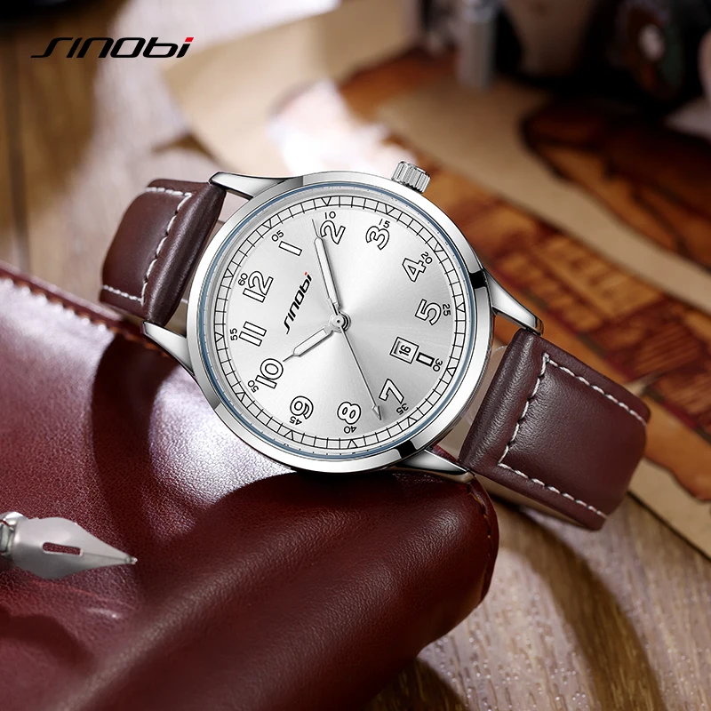 SINOBI Fashion Design Men\'s Watches Original Leather Strap Man\'s Quartz Wristwatches Top Luxury Male Best Gifts Luminous Clock