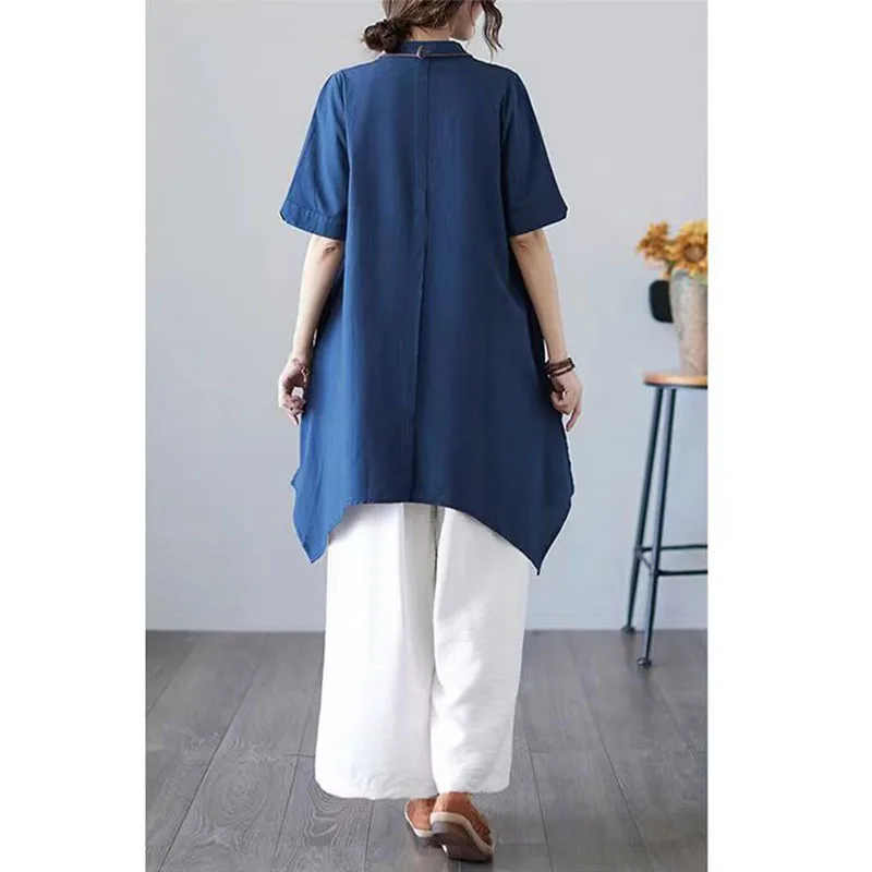Two-piece Suit Women's Cotton And Linen Shirt Mother Outfit Summer Loose Large Size Long Cardigan Blouse Wide-leg Pants Sets