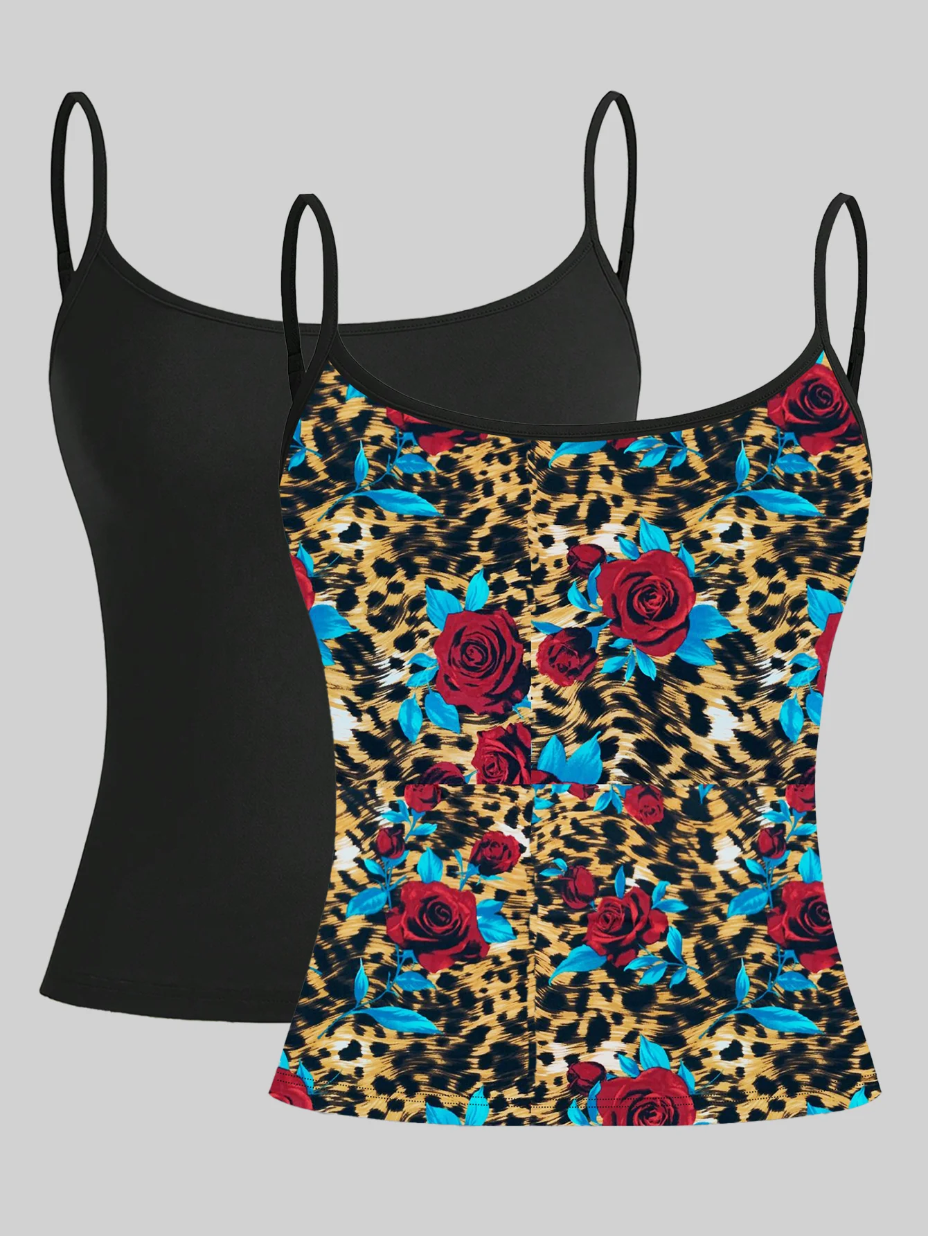 

Neo-Jungle Contrast: Leopard Print with Botanical Embellishments and Classic Black Camisoles for Women's Day to Night Wear