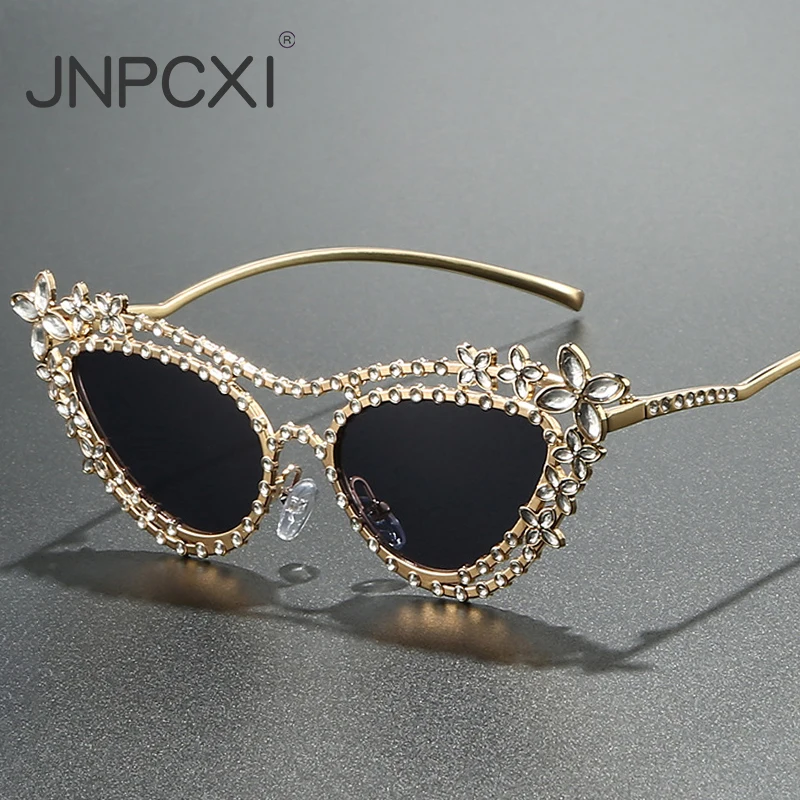 JNPCXI Ins الساخن القط العين النساء النظارات الشمسية الماس الجوف زهرة تصميم تصميم جودة سيدة نظارات الشمس