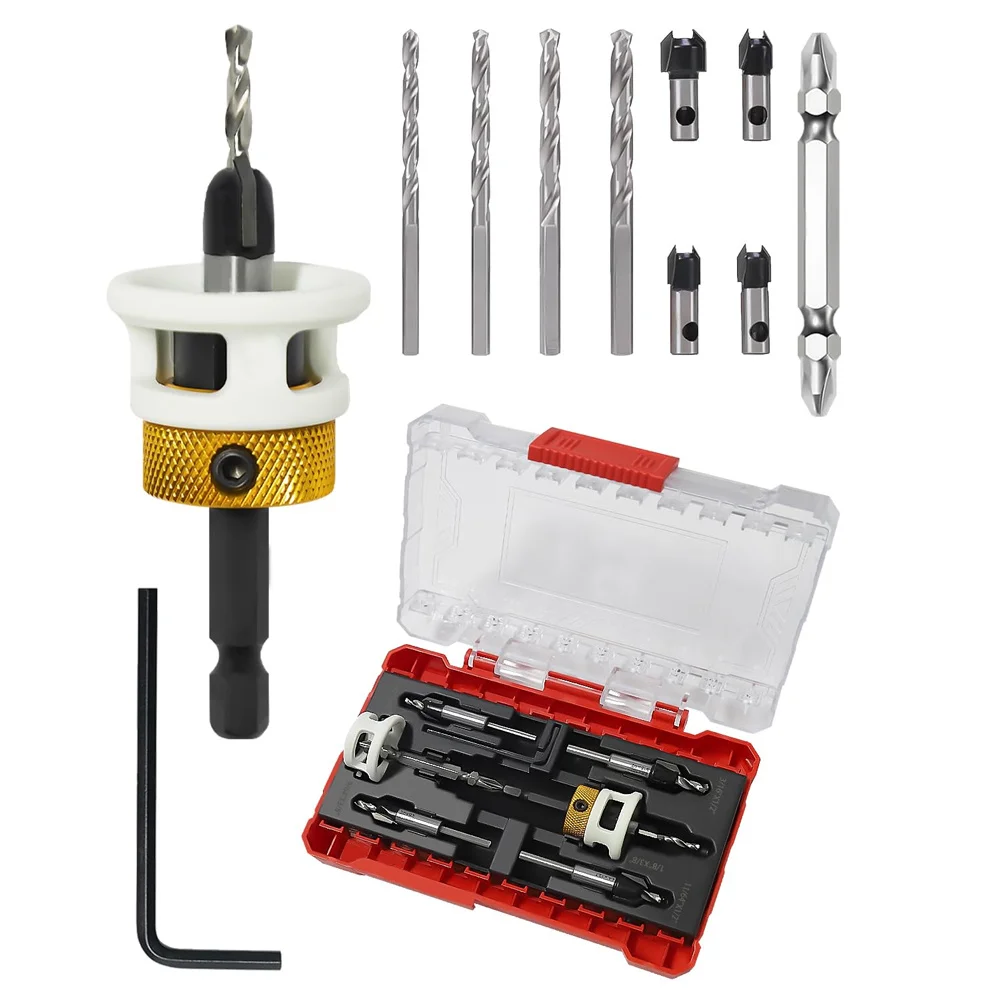 

Carbide Tipped Countersink Drill Bits Set Low Friction Depth Stop 1/4" Hex Shank Replaceable HSS Pilot Wood Plastic Drilling