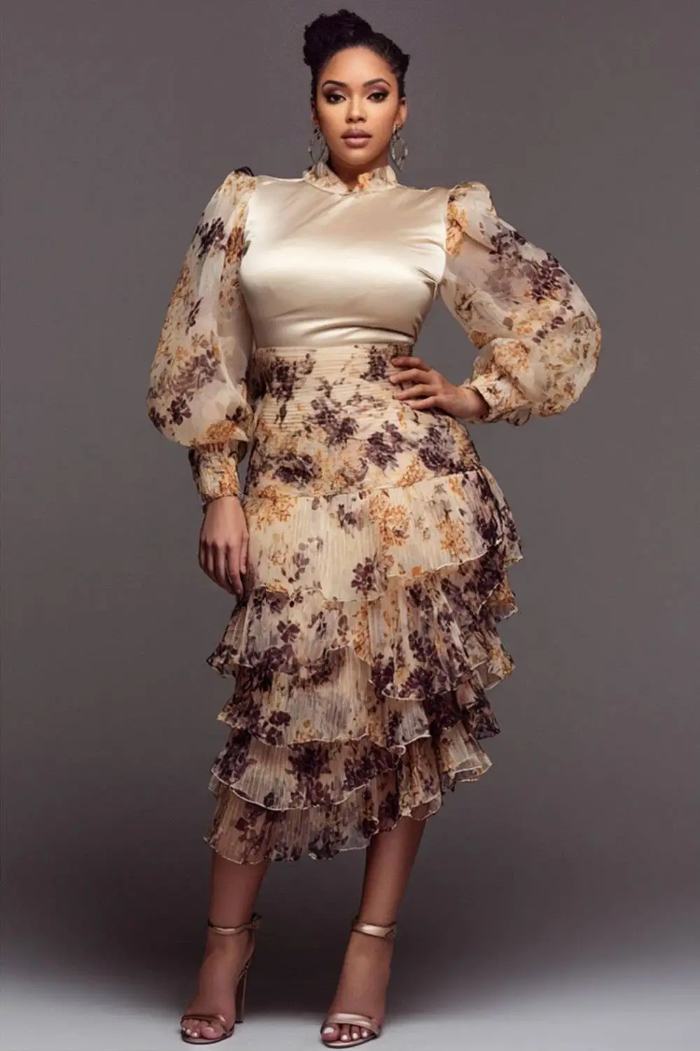 

Plus Size Cocktail Party Chiffon Champagne Floral Mock Neck Lantern Sleeve Long Sleeve Bodycon Elegant Tiered Satin Midi Dresses