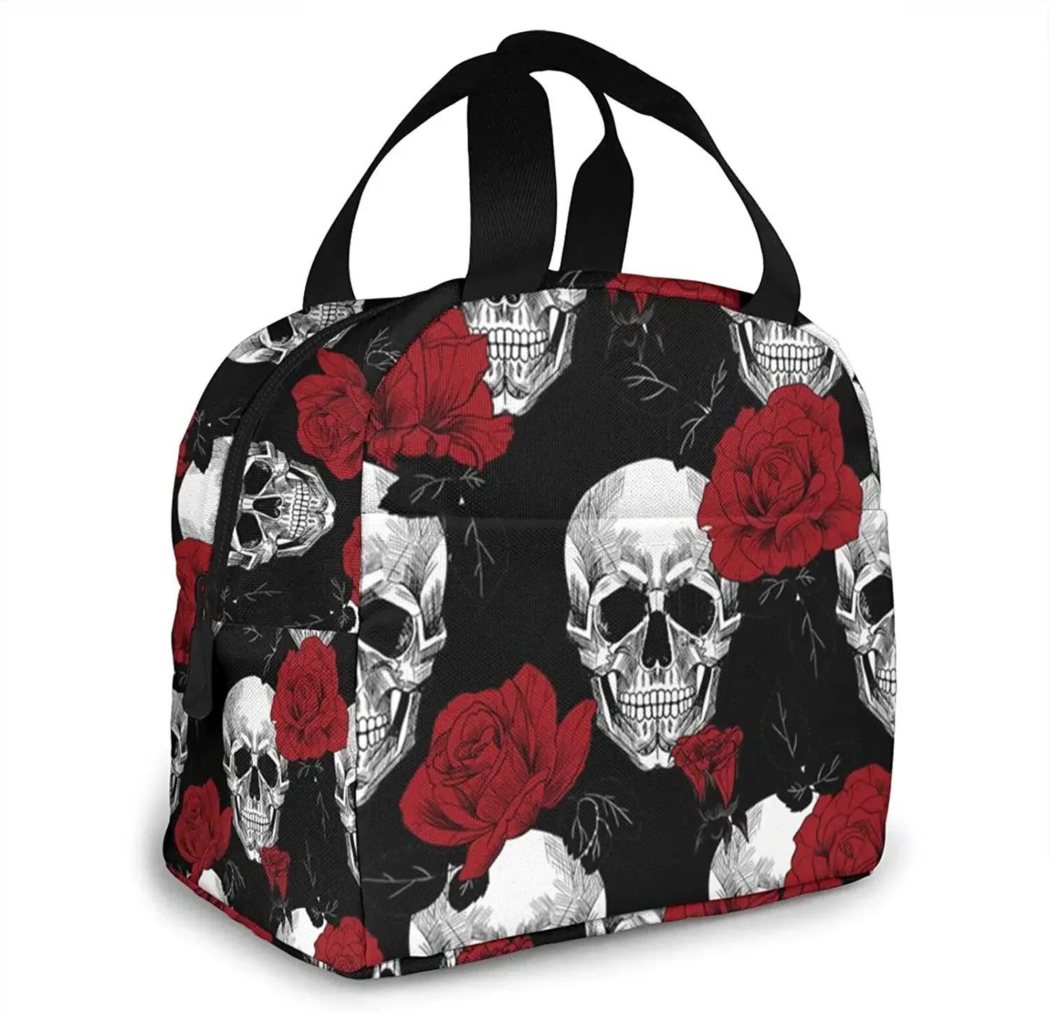 Sugar Roes Flowers Skull Skeleton Lunch Bag For Women Insulated Lunch Box With Front Pocket For Work Reusable Cooler Tote Bag