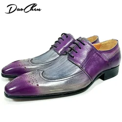 DAOCHEN MEN LEATHER SHOES PURPLE MIXED GRAY LACE UP WING TIP DERBY MEN CASUAL DRESS SHOES OFFICE WEDDING SHOES FOR MEN