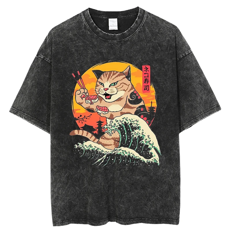 Vintage Washed T-shirt Men Casual Cotton Short Sleeve Samurai Cat Print Anime Tshirt Japanese Neko Sushi Wave Tops Oversize Tees