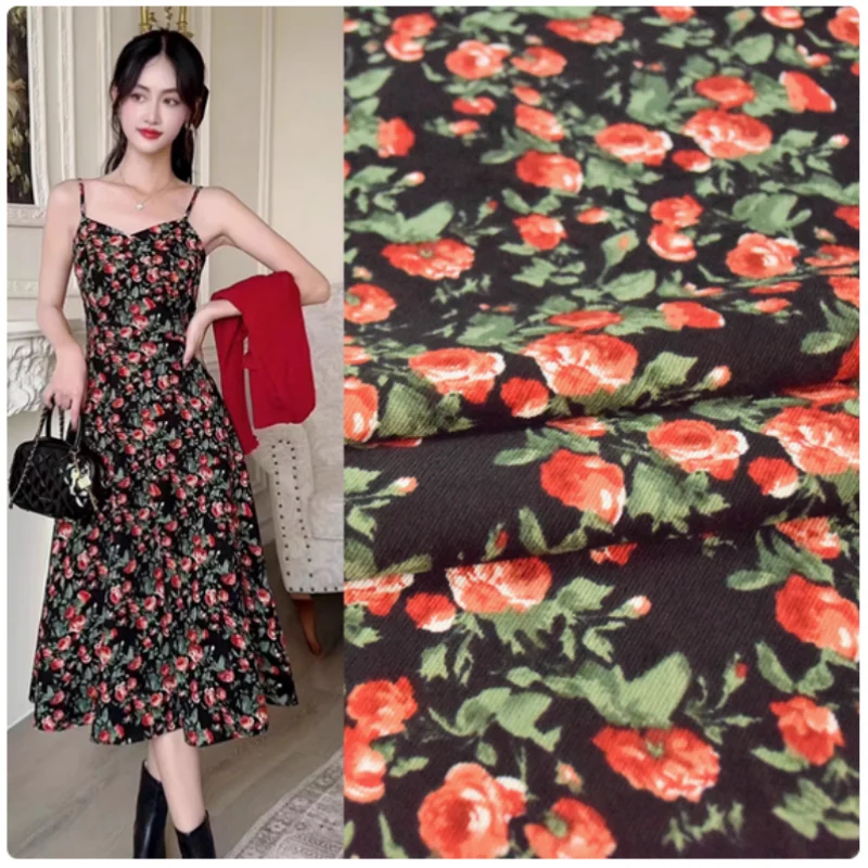 

Green Leaves Orange Red Flower Print Corduroy Fabric For Autumn Winter Dress Shirt Coat Face Shoe Surface Cloth, T2385