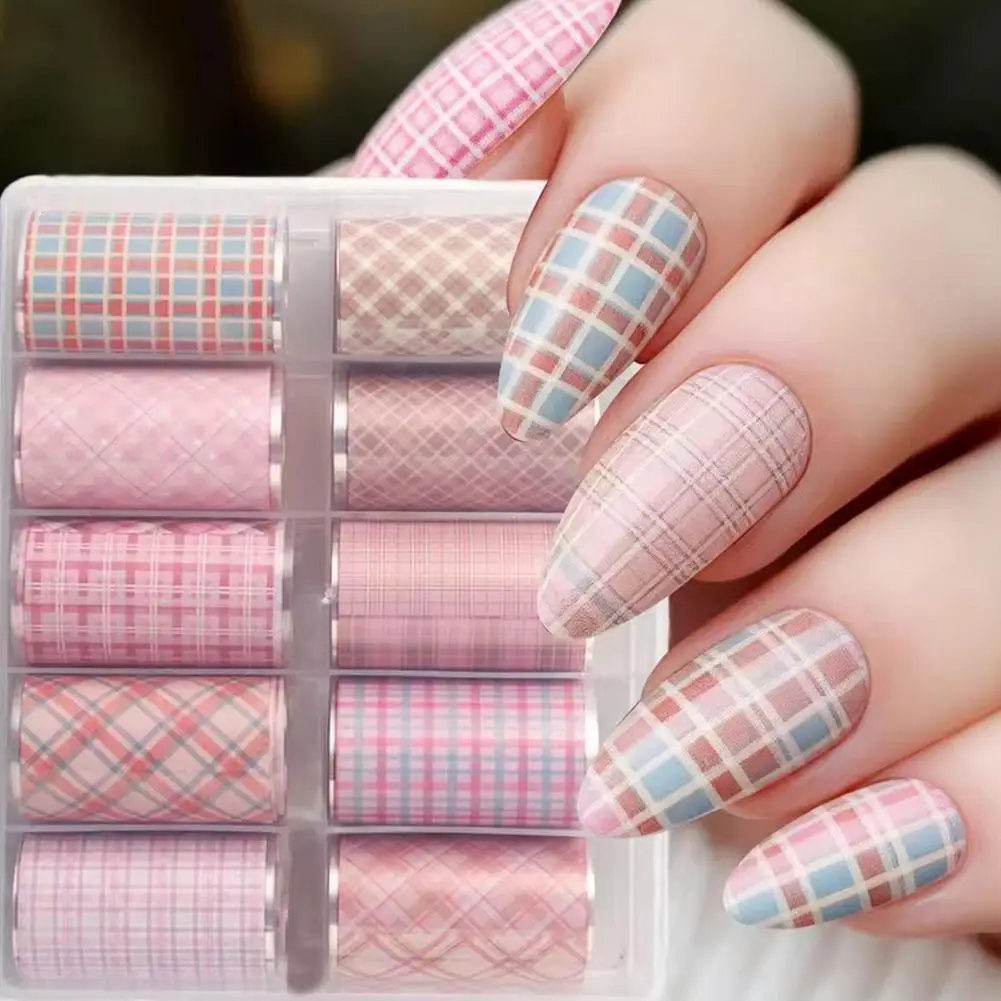 Nagelkunst-Transferpapier im französischen Stil, DIY, rosa kariert, weiße Blumen, Nagelstempelplatten, geometrische Linien, Nageltransfer-Schablone