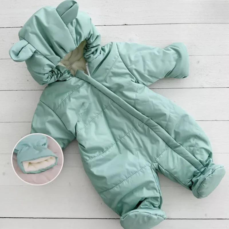 2026 Winter New Baby Plus Velvet Thick Romper Newborn Warm Hooded Footies Solid Infant Boy Girl Fleece Jumpsuit Toddler Clothes