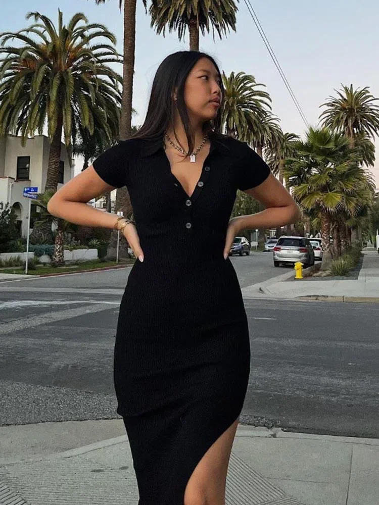 Elegant Office Lady Long Dresses Women Solid Fashion Lapel Short Sleeve Button Side Slit T-shirt Dress Body-Shaping Street Robe