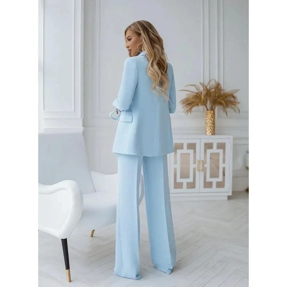 Fashion Sky Blue 2 Pieces Set Business Suits Wedding Tuxedos Party Peaked Lapel Double Breasted Womens Suits (Blazer+Pants)