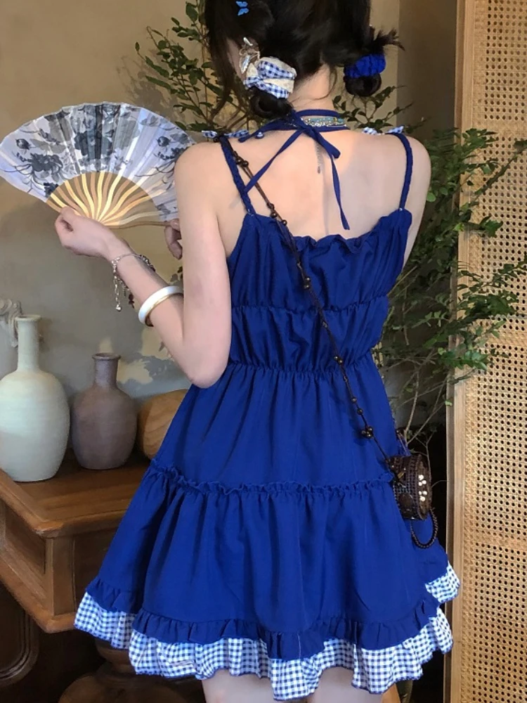 Summer Red Japanese Kawaii Mini Dress Women Bow Blue Lolita Sweet Strap Dress Female Beach Korean Casual Fairy Dress 2023 New