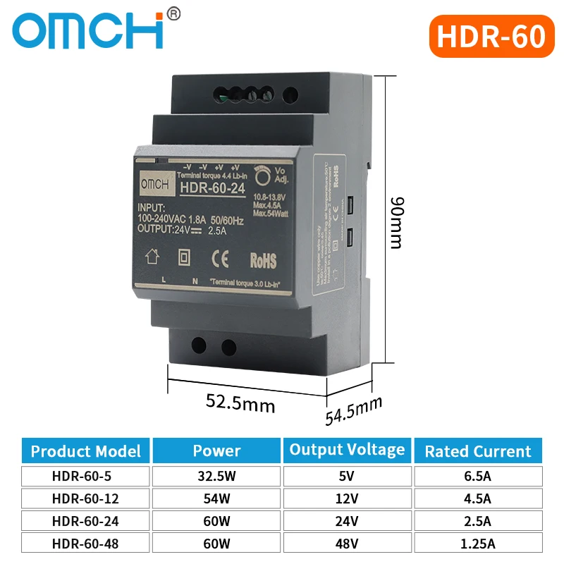 OMCH HDR-Serie DIN-Schienen-Schaltnetzteil HDR-15 100–240 VAC 15 W 30 W 60 W 100 W AC-zu-DC-Spannung 5 V 12 V 24 V 48 V 0–7,1 A SMPS