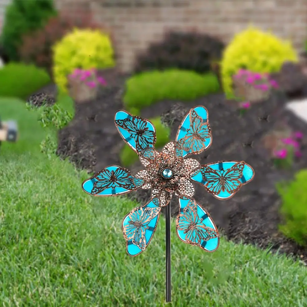 

Creative Metal Windmill Spinner Sculpture Luminous Effect Butterfly Pattern Flower Pinwheel Rotating Gardening Plug Park