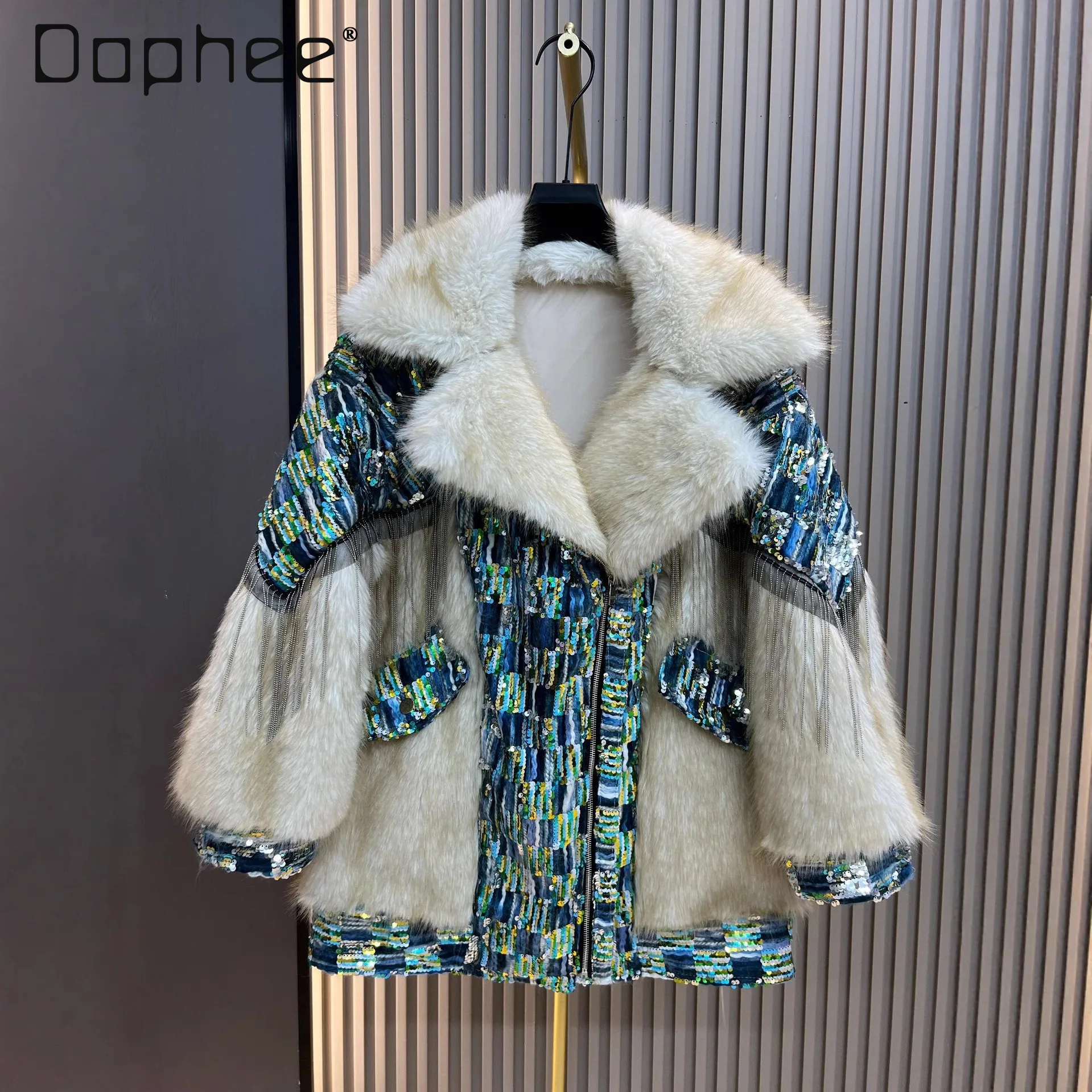 

2025 Winter New Faux Fox Fur Korean Style Loose Fashion Sequin Faux Fur Coat Elegant Casual Fur One-Piece Women Jacket