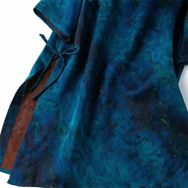 2025 New Summer Blue Floral Print Split Long Blouse Women Chinese Style Stand Collar Long Sleeve Womens Shirt Buttons Tops
