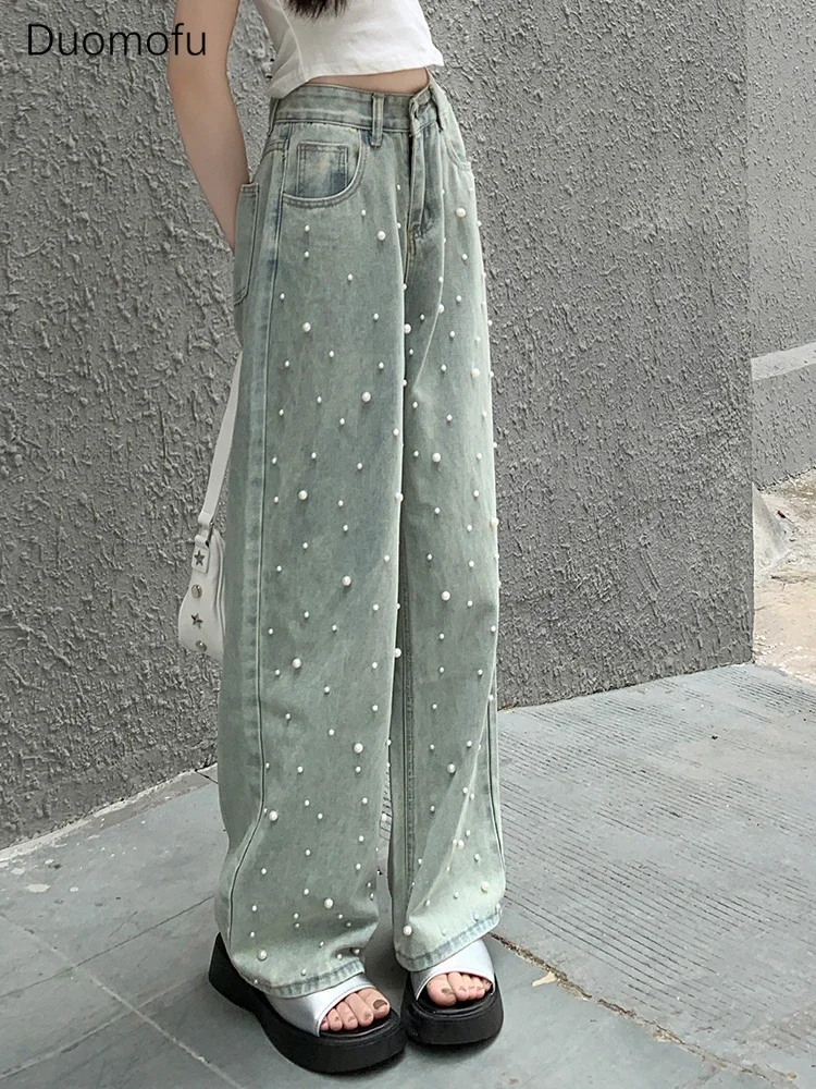 

Duomofu корейские шикарные жемчужные классические тонкие женские джинсы с высокой талией летние базовые карманные простые повседневные модные свободные женские джинсы S-XL