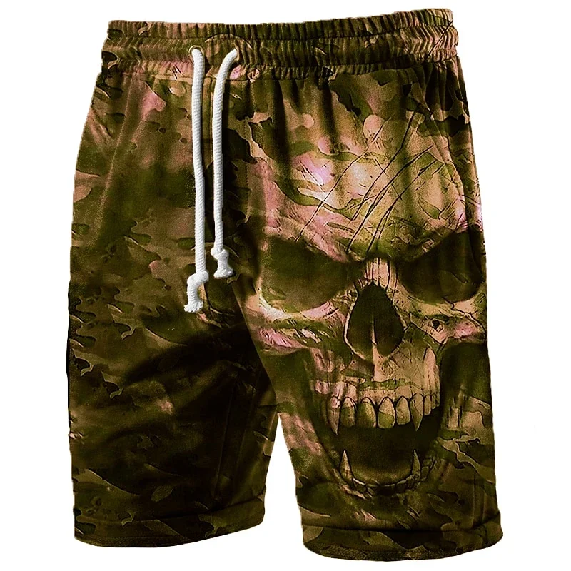 Retro Skull 3D Printed Pattern Beach Shorts for Men, Fashionable Summer Cool Street Casual Wear, Loose Street Hip-hop Shorts