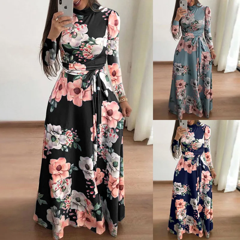 Elegant Women\'s Spring and Autumn Fashion Printing Round Neck Long Sleeve Slim Fit Belt Bohemian Long Dresses vestidos S-5XL