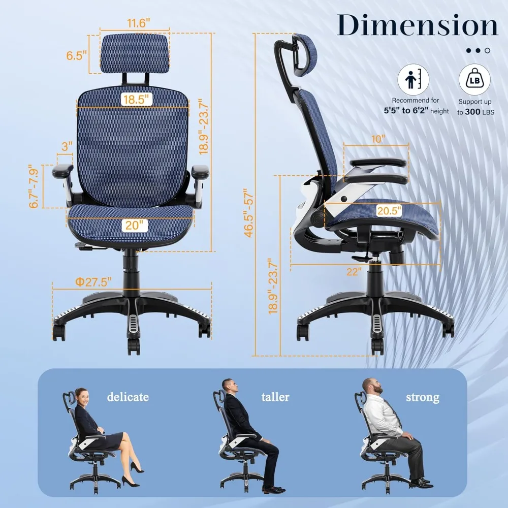 Silla ergonómica de oficina de malla, reposacabezas ajustable de escritorio de Espalda alta con brazos abatibles, función de inclinación, silla giratoria de tareas de computadora