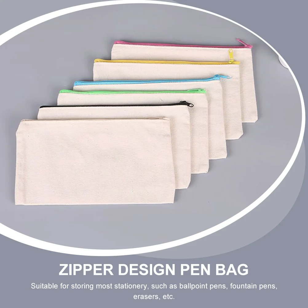 

6Pcs Canvas Pencil Bags Durable Washable Zipper Design Portable Pencil Storage Bag Students Pen Organizer DIY Creative Pen Pouch