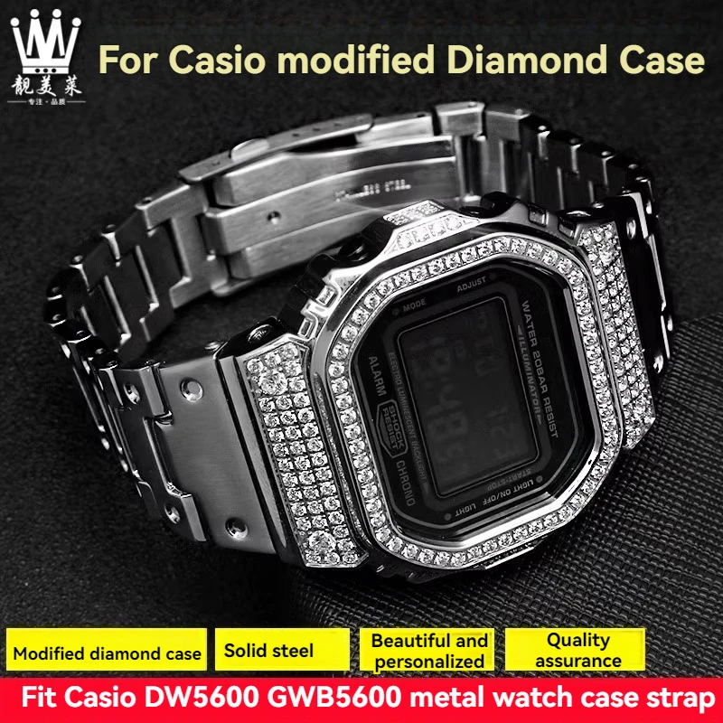 

DW-5600 Watch Strap & Bezel for G-SHOCK Casio DW5600 GW-B5600 GB-5600 Metal Modified Diamond Case Watchband Solid Steel Bracelet