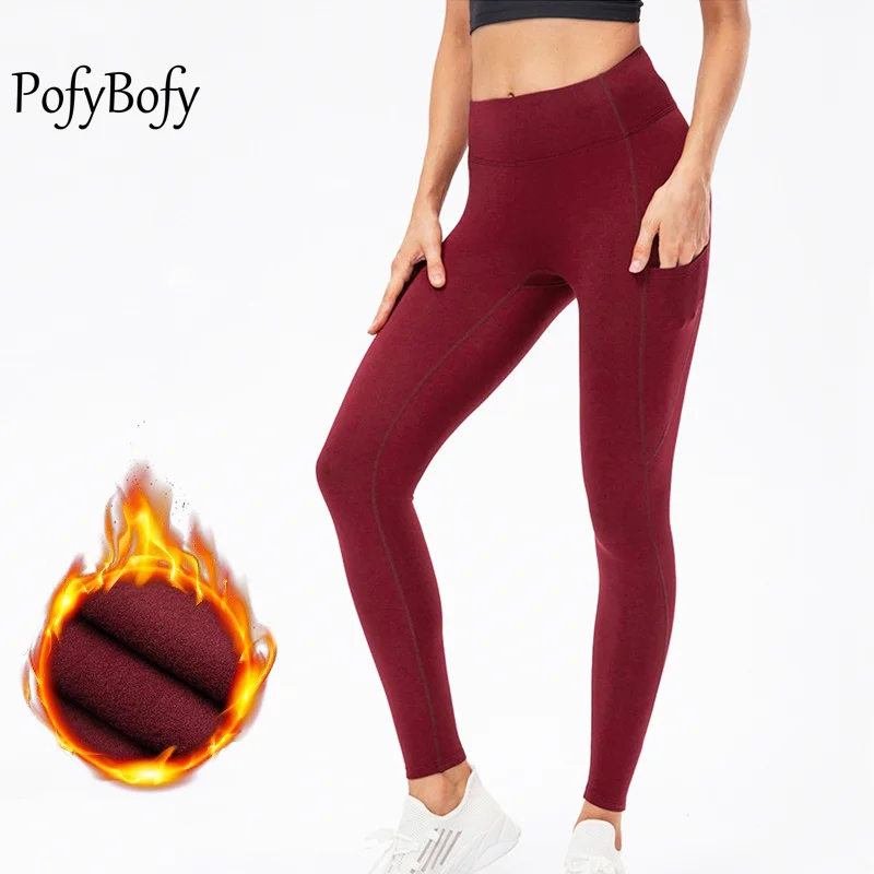 

PofyBofy Warm Fleece Side Pocket Stretchy Tummy Control High Waist Peach Butt Sport Legging Yoga Fitness Gym Running Women Pants