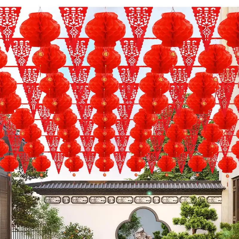 赤い旗、提灯飾り、結婚式のシーンレイアウト、ホリデーパーティー、部屋の装飾、屋外、用品