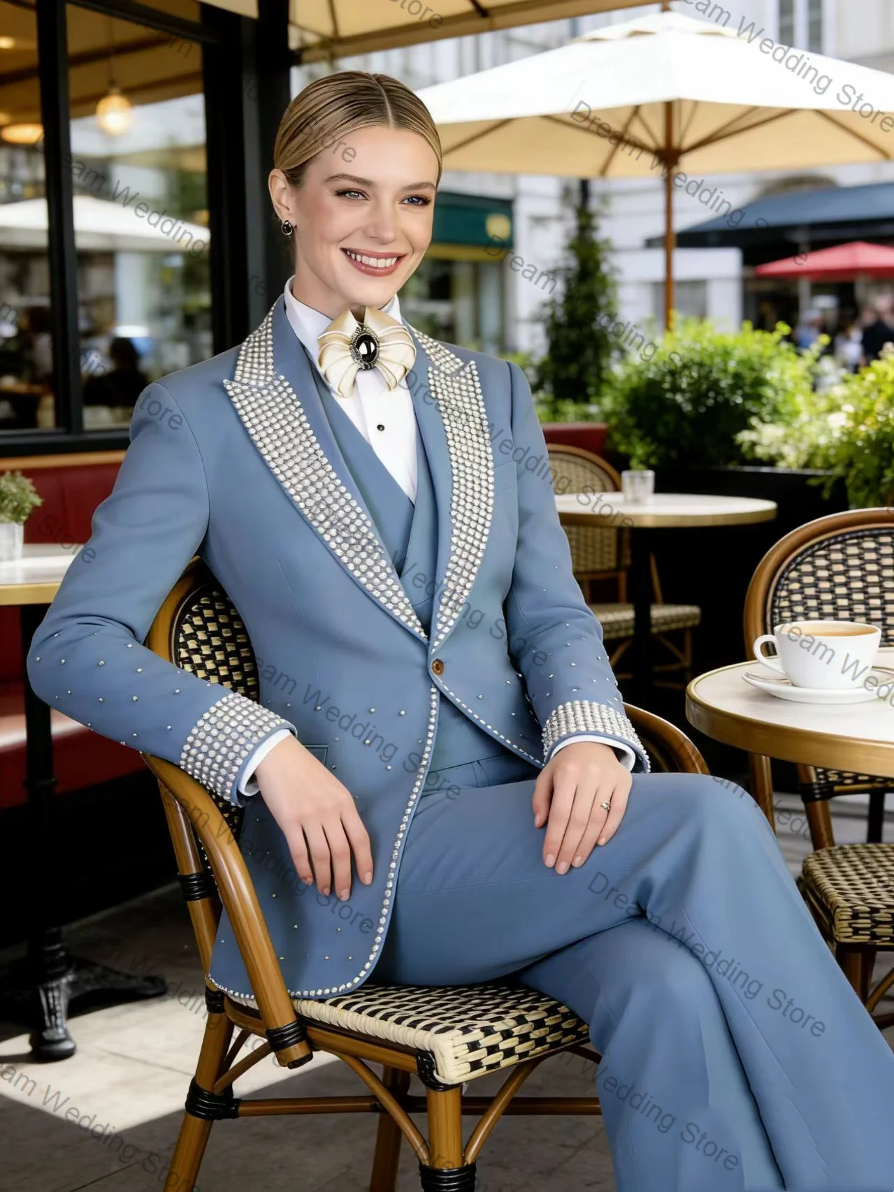 

Light Blue Women Suit Set 2 Pcs Blazer+Pants Spring Cotton Formal Business Office Lady Jacket Customized Wedding Guest Coat