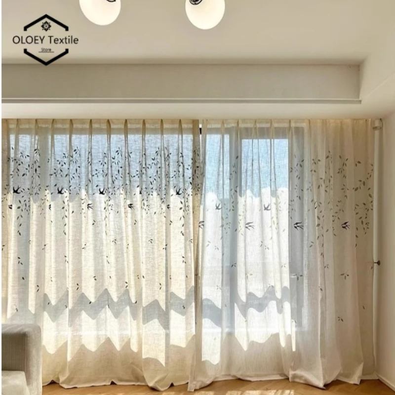 New Chinese Style Linen Curtain for Living Room Embroidered Sheer Balcony Insulation Sun Protection Vintage Style Window Drapes